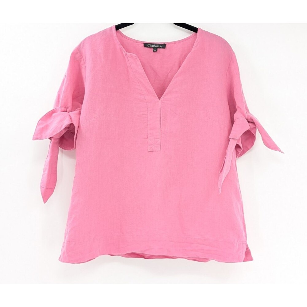 Chadwick's Bubblegum Pink Linen Cotton V-Neck Short Tie-Sleeve Blouse Size S